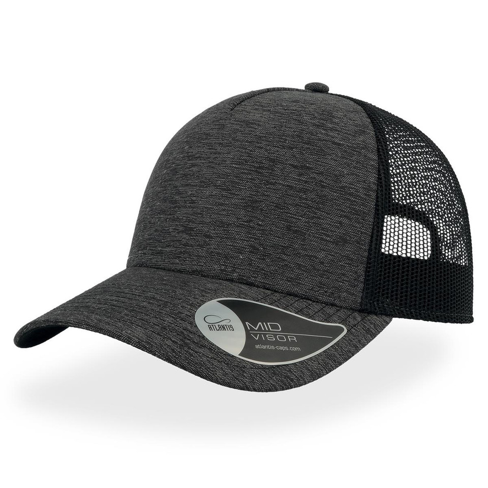 Atlantis dark charcoal melange trucker cap with black mesh back panels and structured mid visor