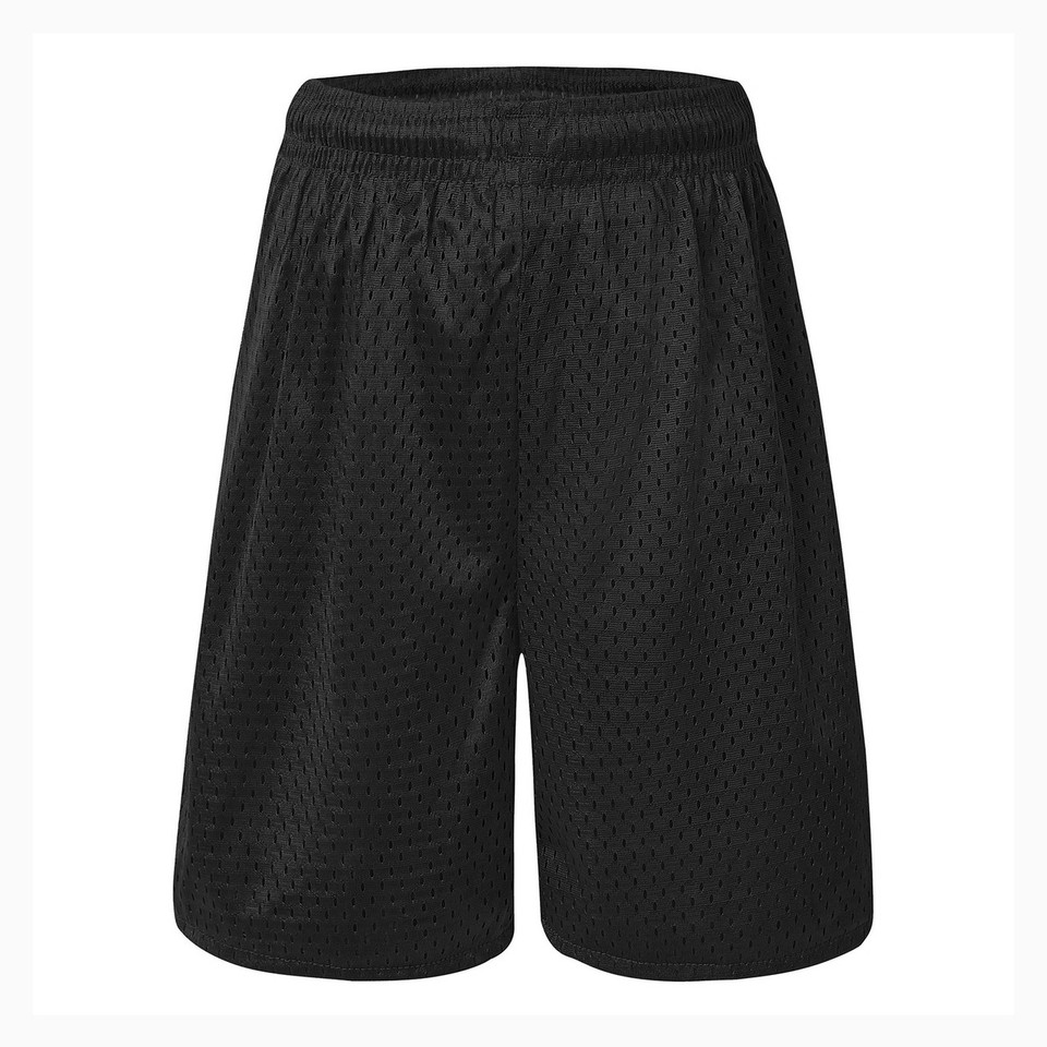 Black mesh athletic shorts with elasticated waistband showing textured breathable fabric
