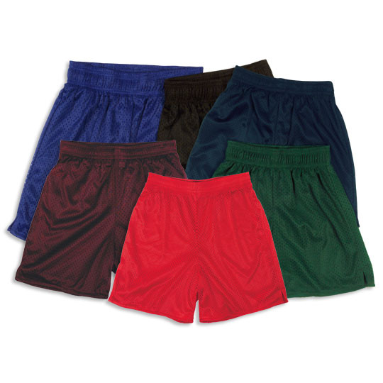Six kids mesh shorts in royal blue, black, navy, maroon, red, and bottle green with elasticated waistbands