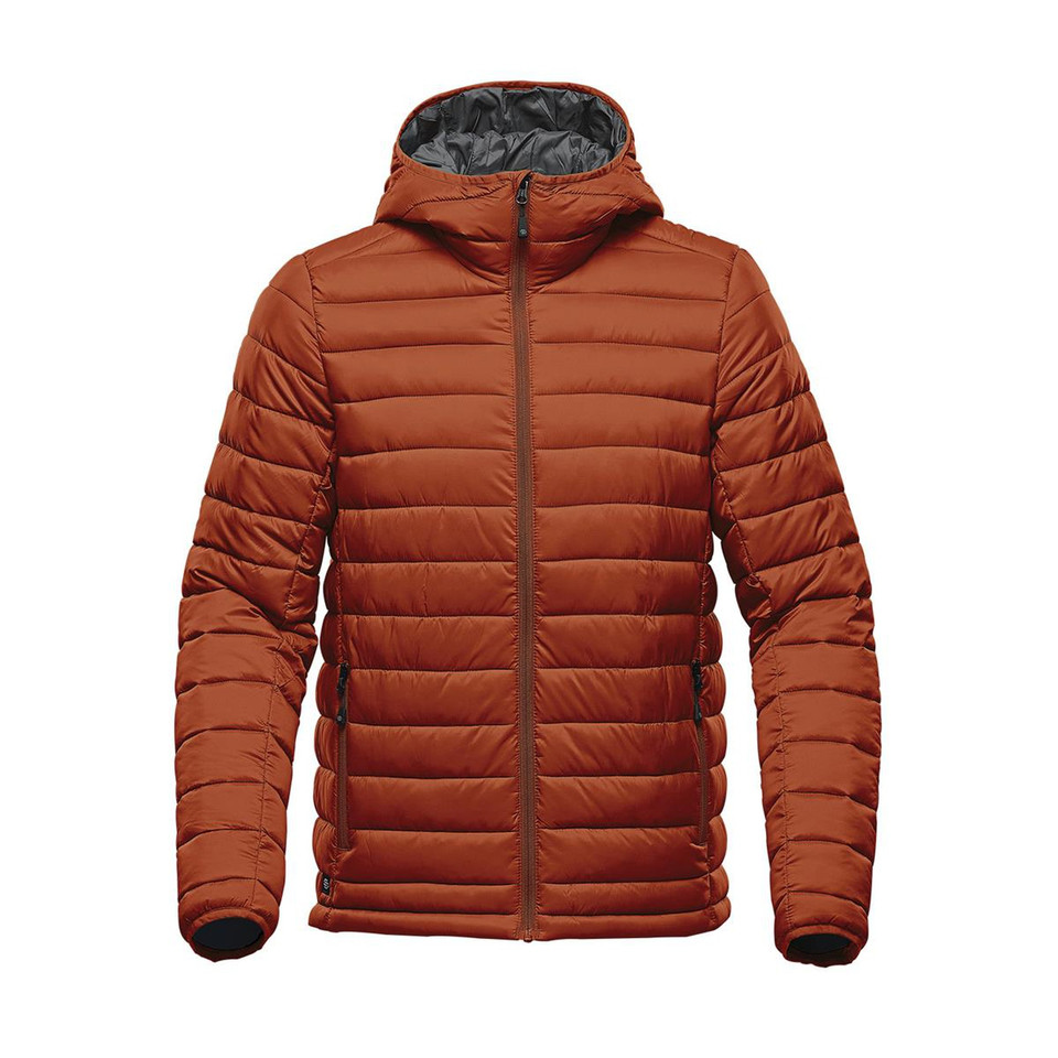Rust orange quilted puffer jacket with grey hood lining and full-length front zipper