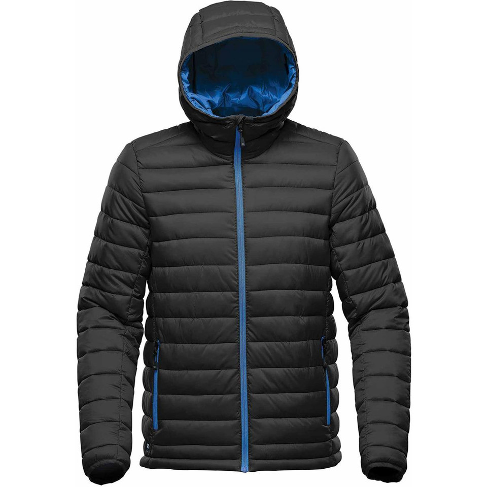 Charcoal grey quilted puffer jacket with royal blue zipper and hood lining contrast