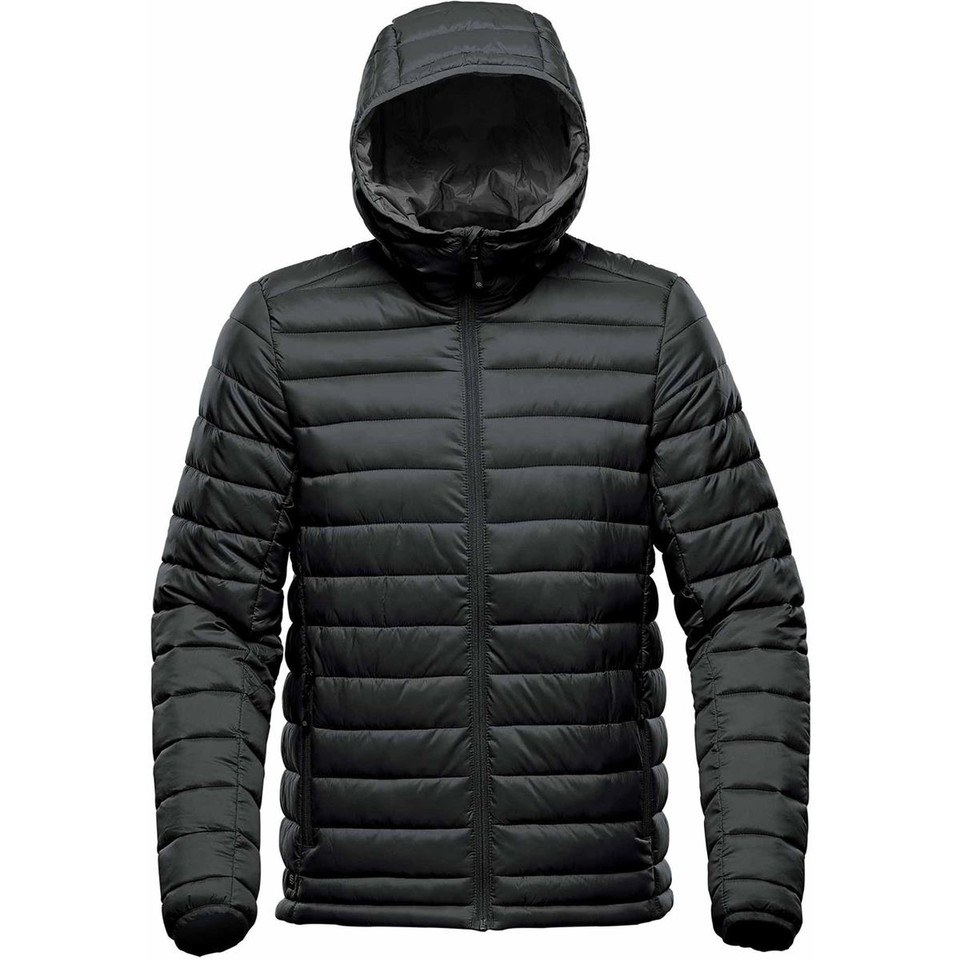 Charcoal quilted puffer jacket with hood and full-length zip, horizontal channel stitching throughout