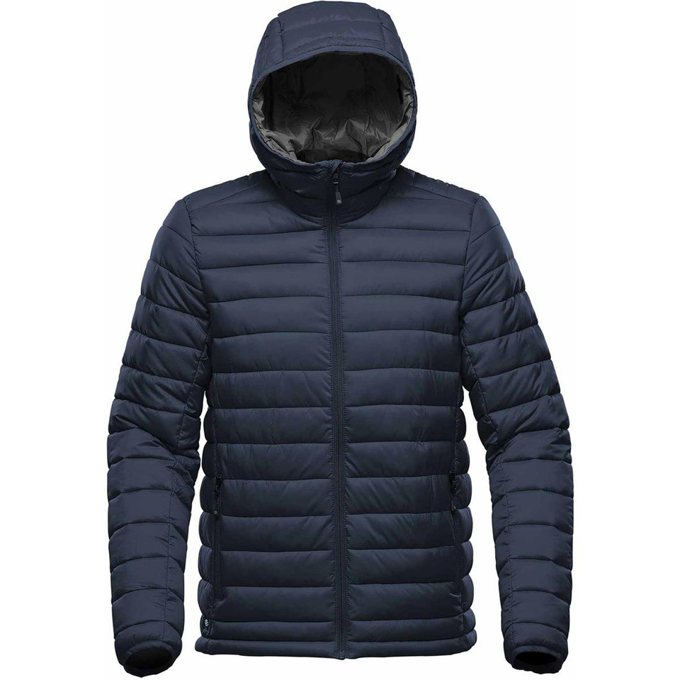 Navy quilted puffer jacket with hood and full-length zip, featuring horizontal channel stitching throughout