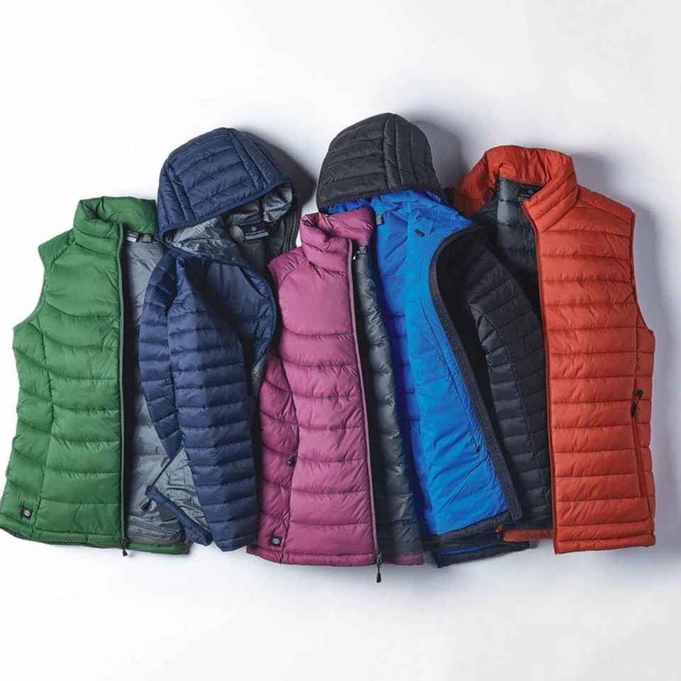 Packable insulated jackets in forest green, navy, magenta, royal blue and burnt orange with quilted baffles and zip fronts