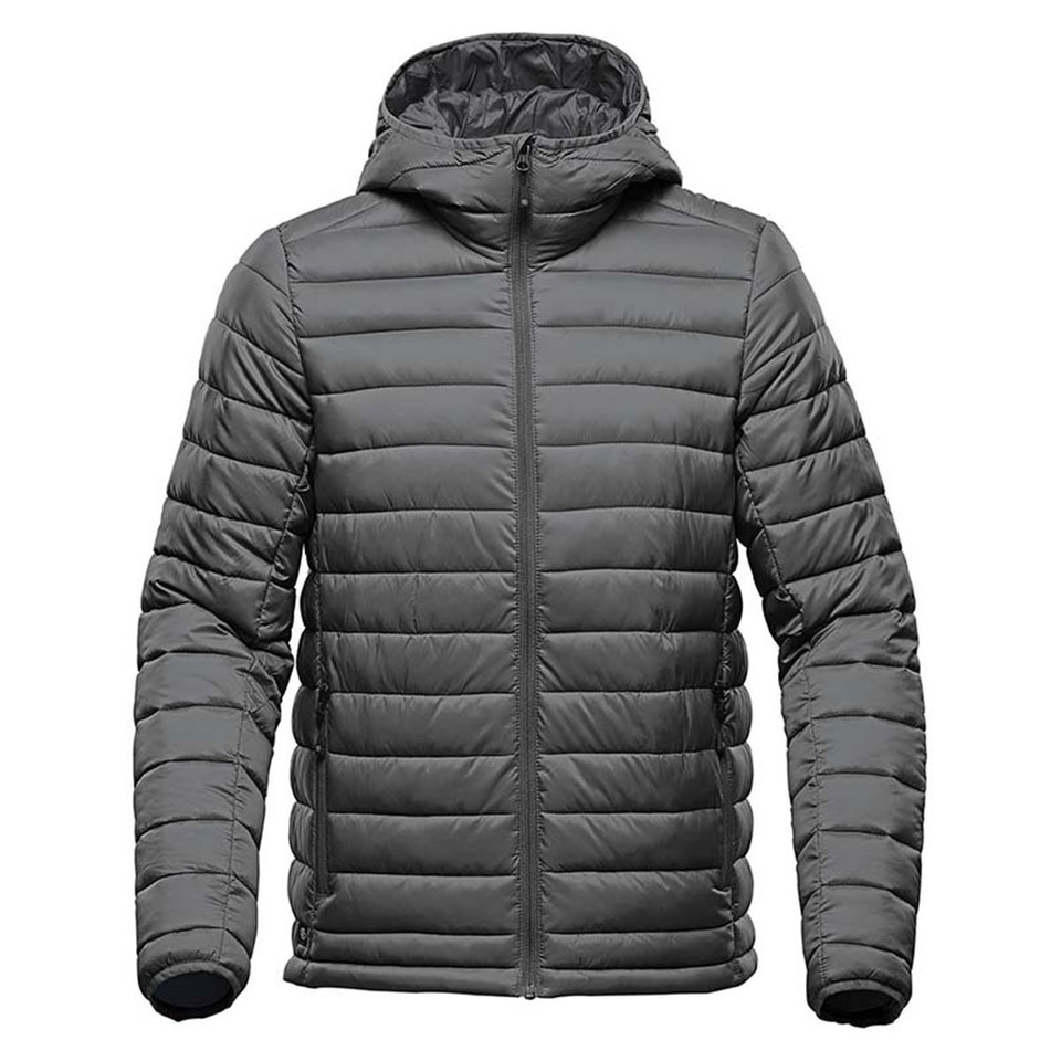 Graphite grey men's quilted insulated hooded jacket with full-length zip and channel-stitched panels