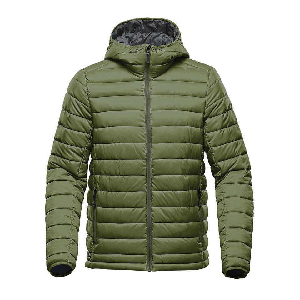Olive green men's packable insulated hooded jacket with charcoal zip and quilted thermal panelling
