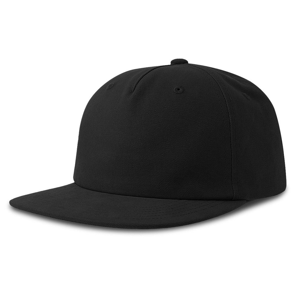 Black organic cotton flat peak snapback cap with smooth unstructured crown and flat brim