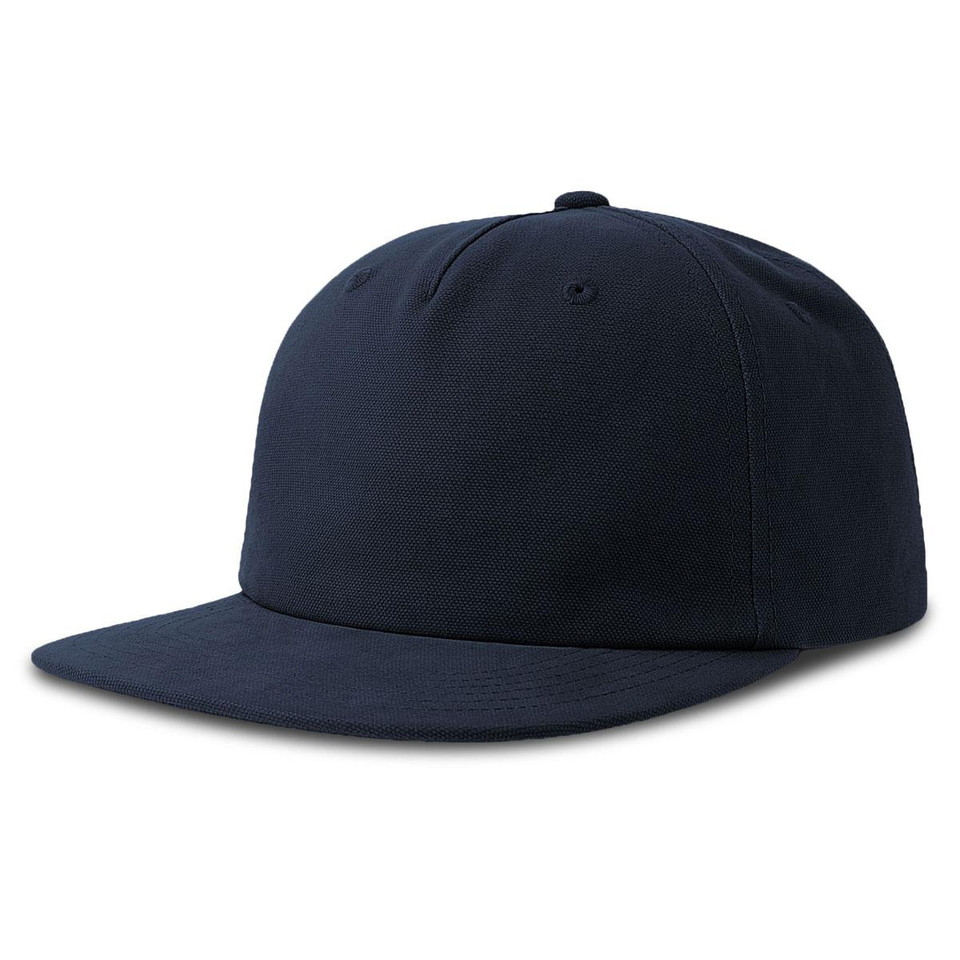 Navy organic cotton flat peak cap with snapback closure and unstructured six-panel crown