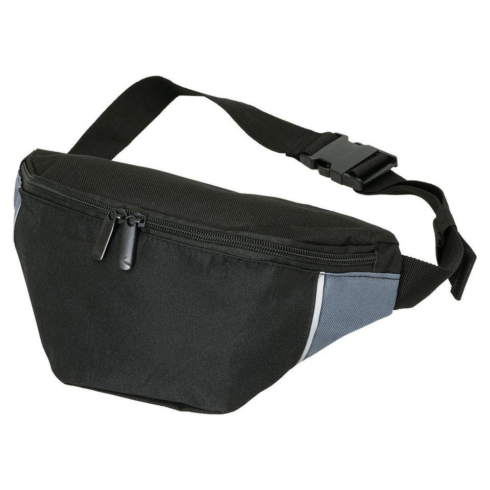 Black waist bag with charcoal grey contrast panel and adjustable webbing strap with clip buckle