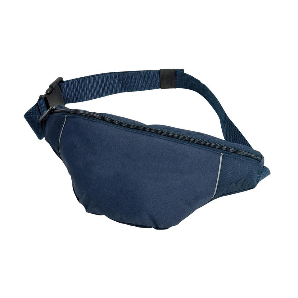 Navy blue waist bag with adjustable strap and zippered main compartment featuring reflective piping detail