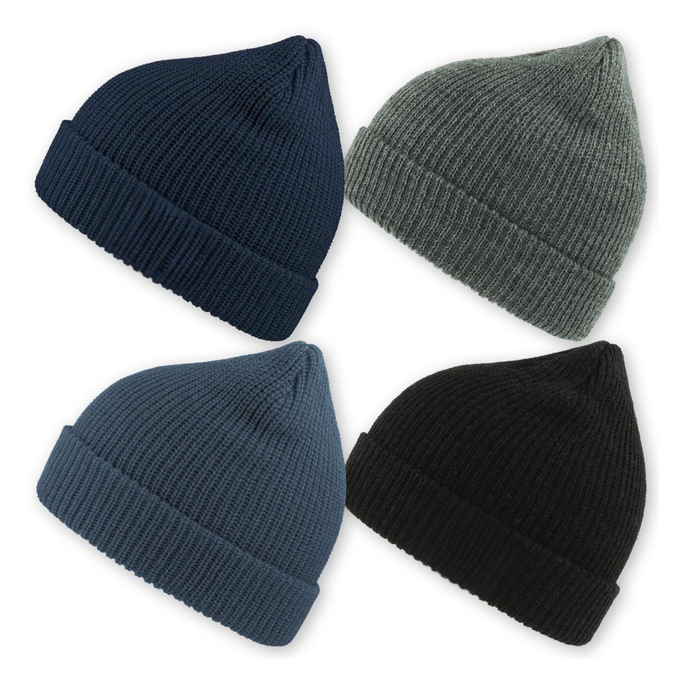 Four ribbed wool blend beanies in navy, charcoal grey, slate blue and black with cuffed brims