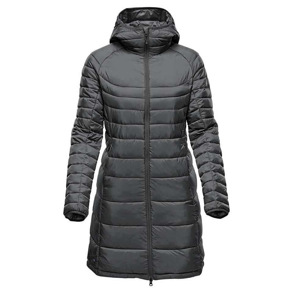 Charcoal grey women's quilted ¾ length parka with full-zip front, attached hood, and horizontal baffle construction
