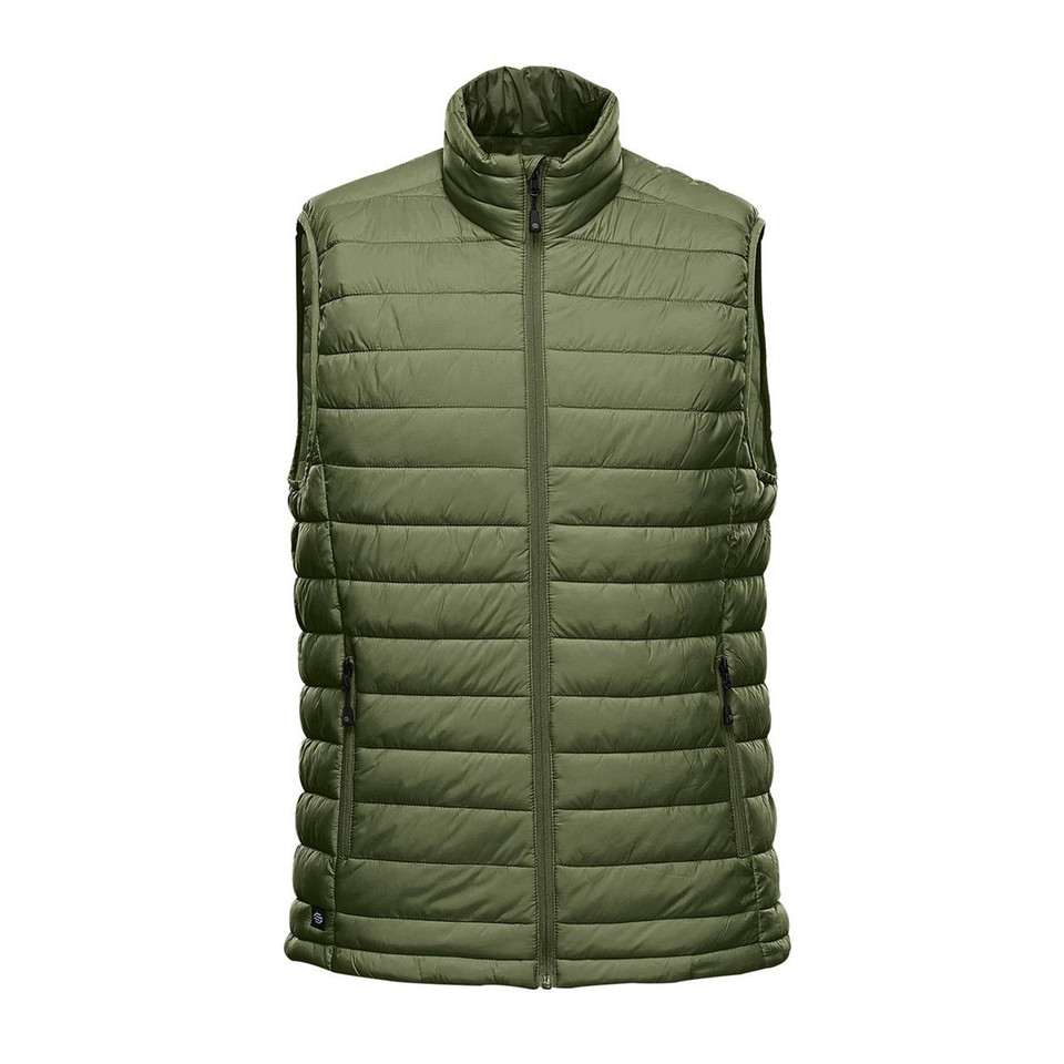 Olive green quilted thermal vest with horizontal channel stitching and full zip front closure