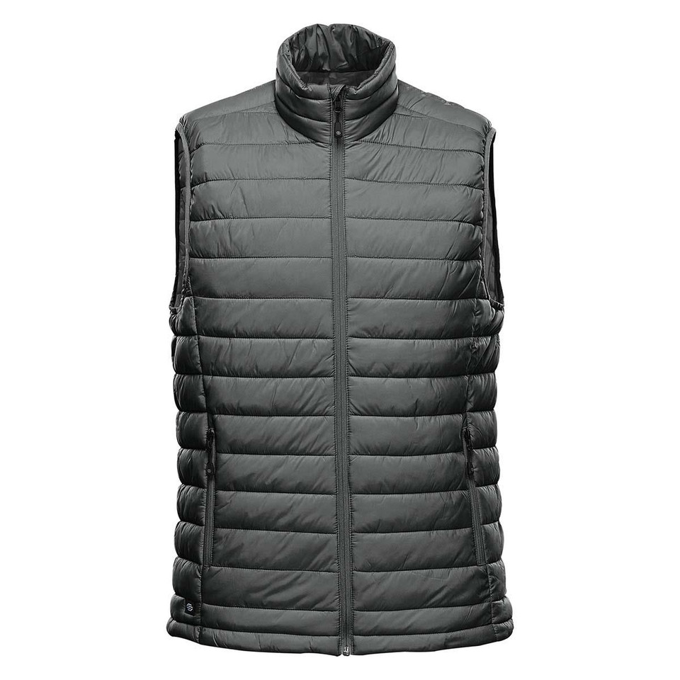 Graphite quilted thermal vest with stand collar, full-length zip, and horizontal baffle construction
