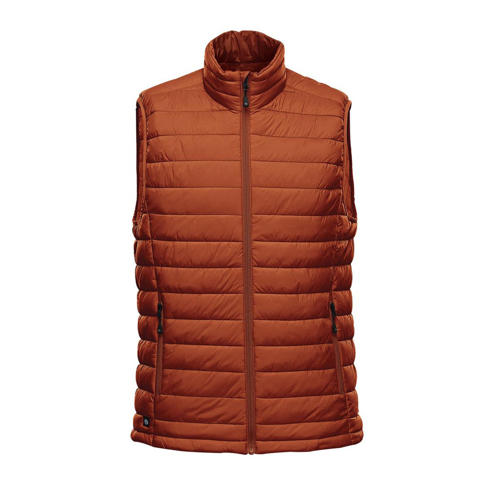 Rust orange men's quilted thermal vest with stand collar, full-length zip and side zip pockets