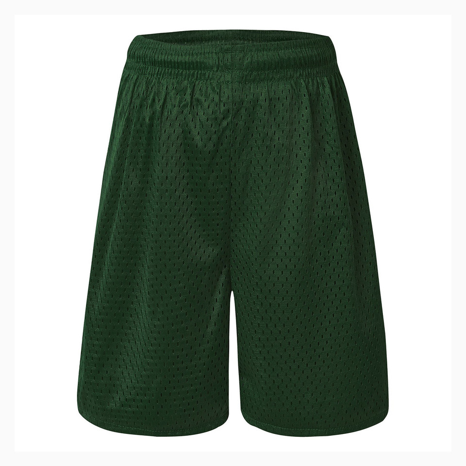 Forest green mesh athletic shorts with elasticated waistband and textured fabric