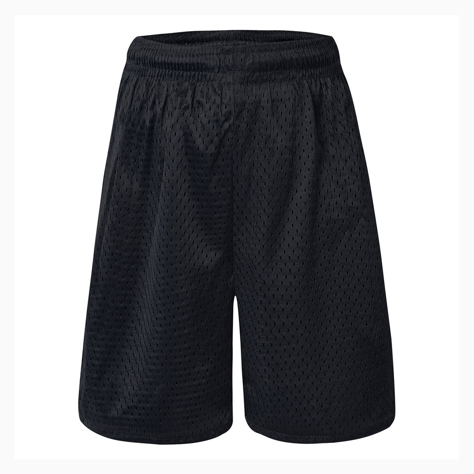 Black mesh basketball shorts with elastic waistband and textured diamond knit fabric