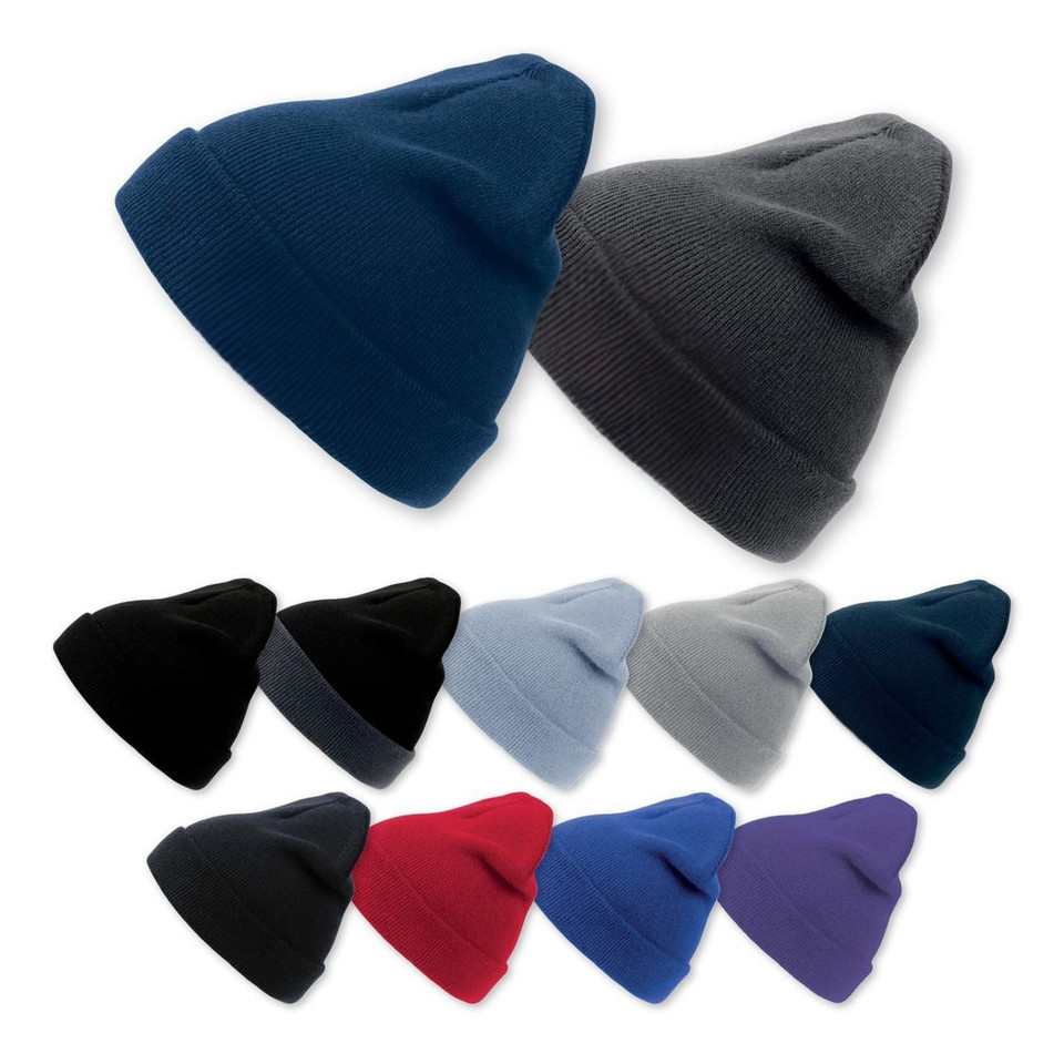 Knitted cuffed beanies in navy, charcoal, black, sky blue, grey, teal, red, royal blue and purple