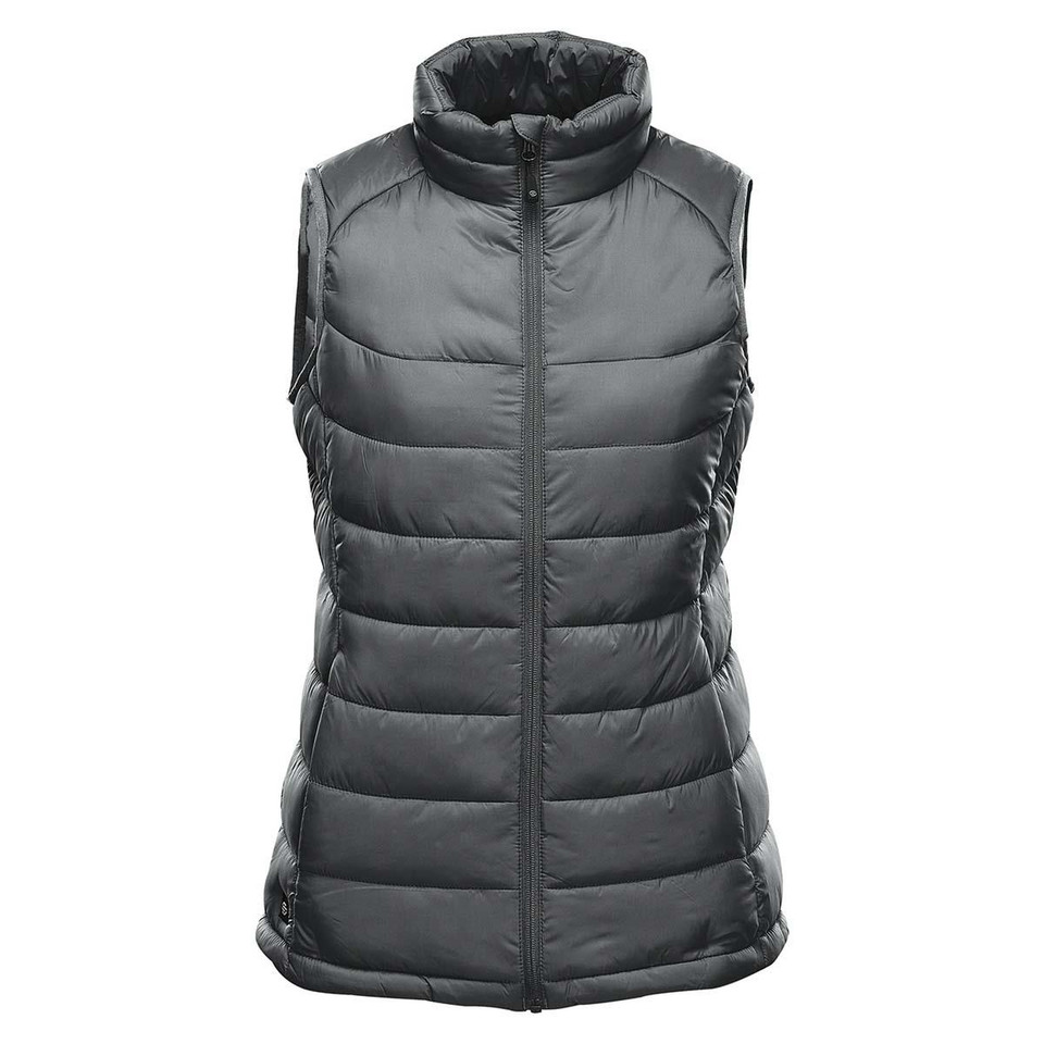 Charcoal women's quilted puffer vest with stand collar, centre-front zip and horizontal baffle panels