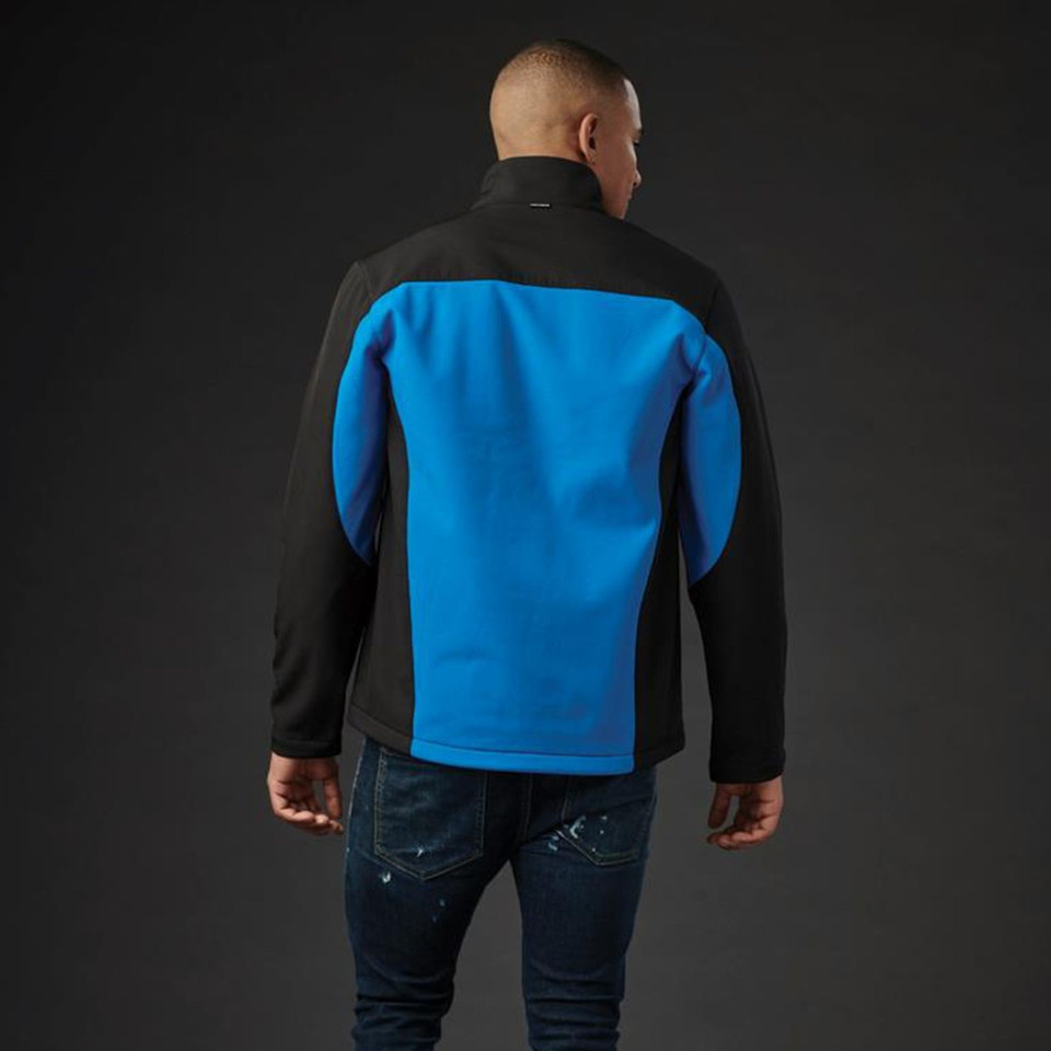 Back view of azure blue and black softshell jacket with colour-blocked panels and stand collar