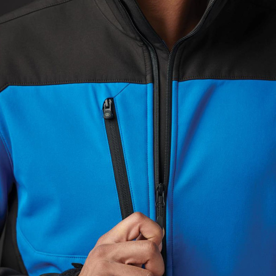 Cyan blue and charcoal grey soft shell jacket with contrast colour blocking and chest zip pocket