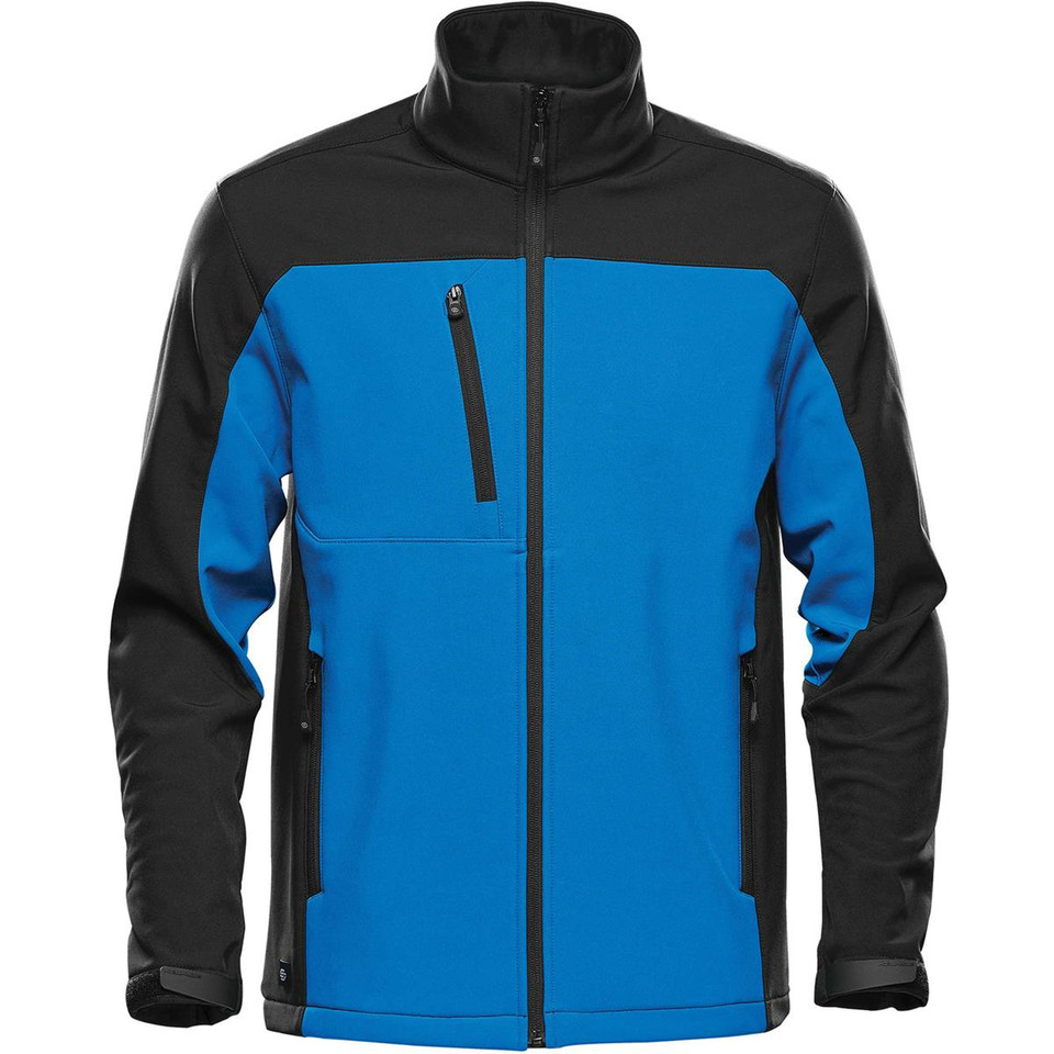 Azure blue and charcoal grey softshell jacket with contrast panels, chest zip pocket and stand collar