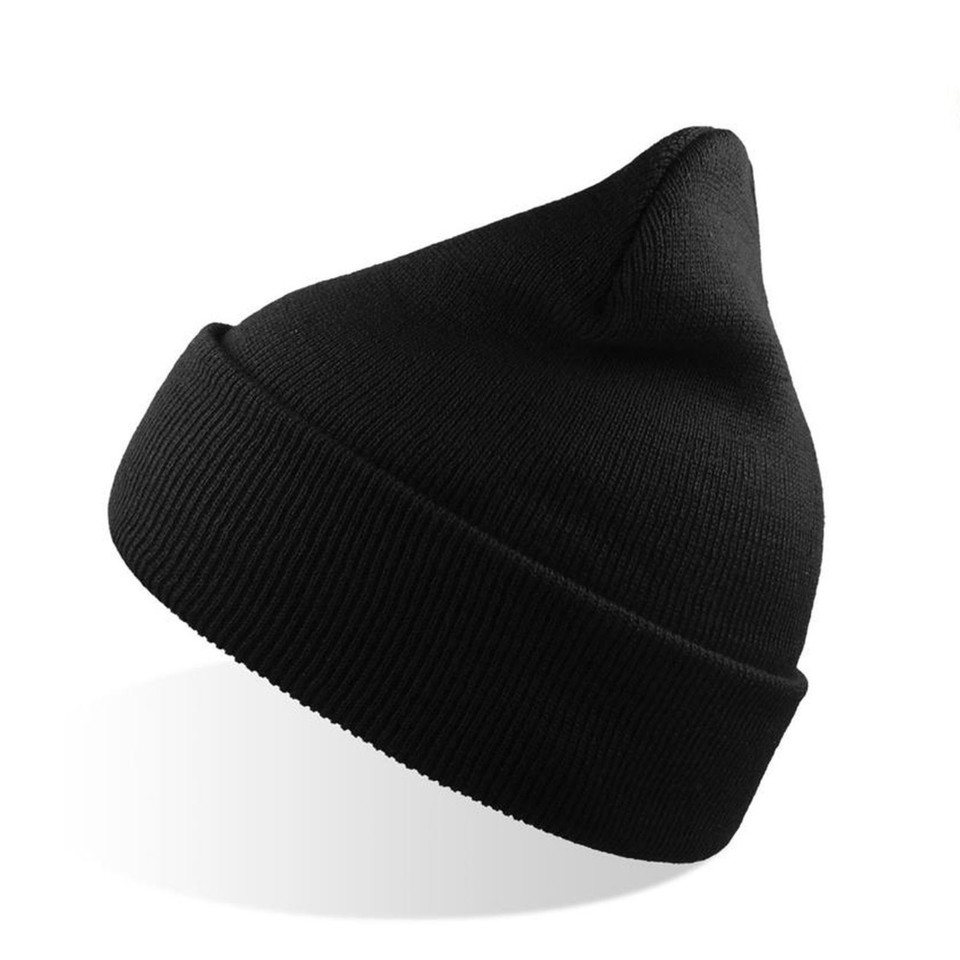 Black children's cuffed knit beanie with ribbed fold-up cuff and soft acrylic construction