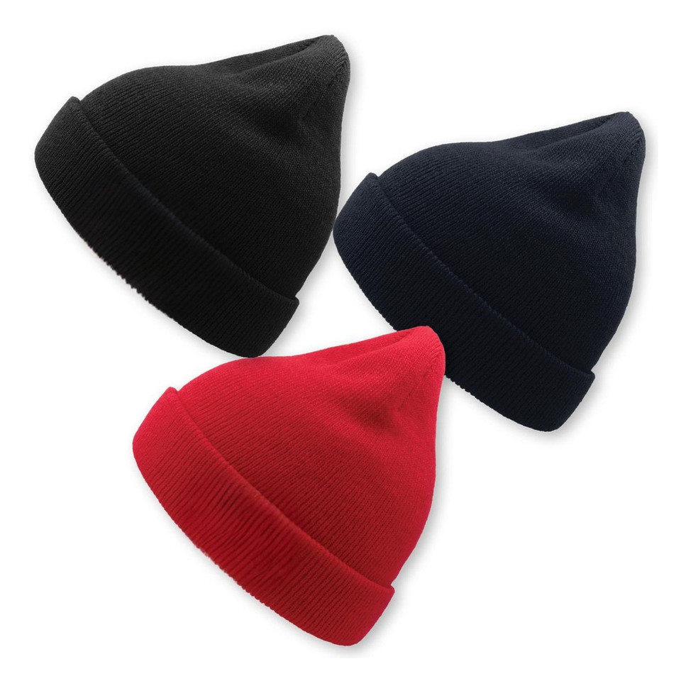 Black, navy, and red children's knit cuffed beanies with ribbed fold-up cuff and smooth crown panel
