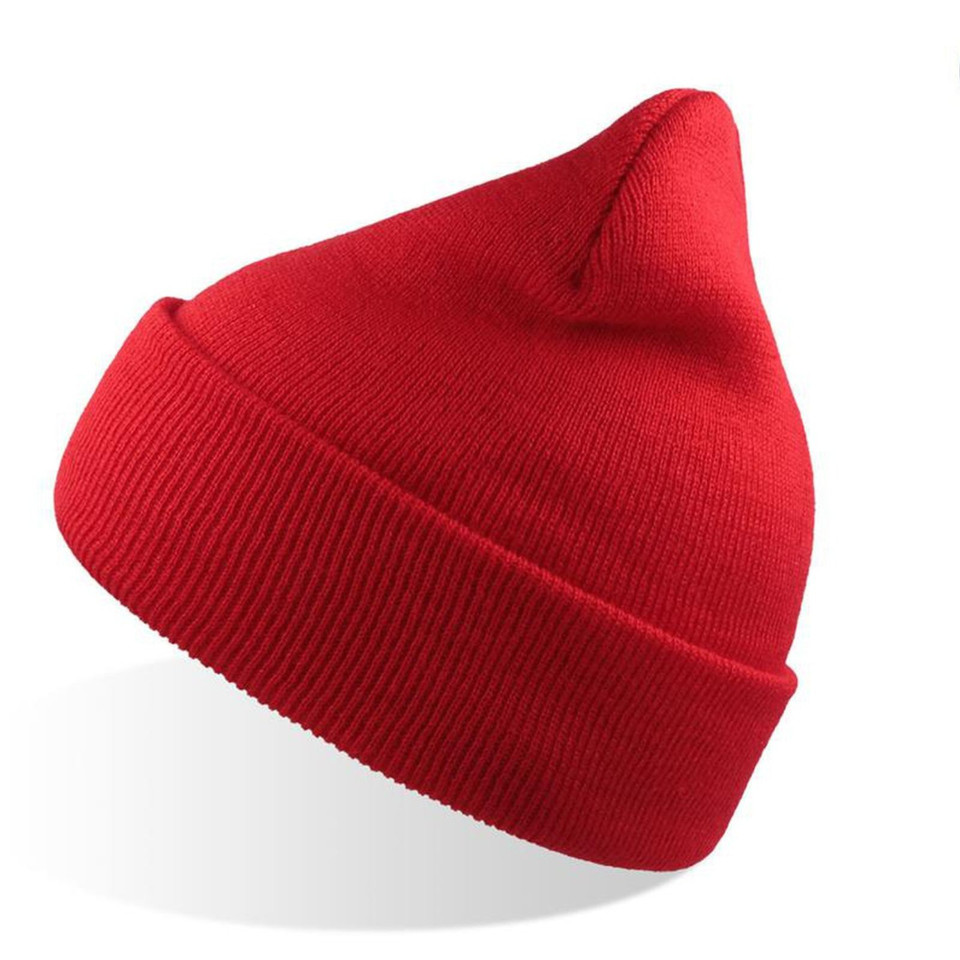 Red children's knit cuffed beanie with ribbed fold-up cuff and pointed crown, packshot