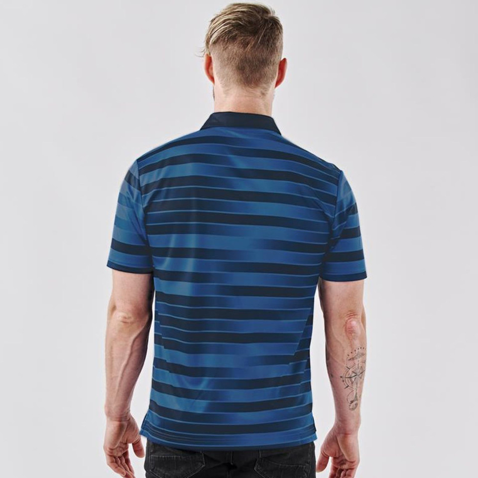 Navy and sky blue horizontal striped polo shirt shown from back with contrast collar
