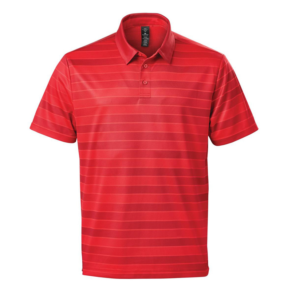 Red polo shirt with tonal horizontal stripes and button placket