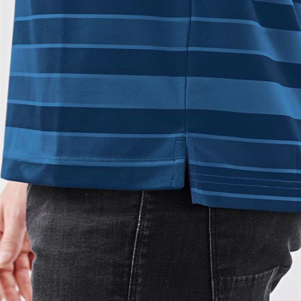 Navy and sky blue striped polo shirt with side split hem detail and contrast stitching