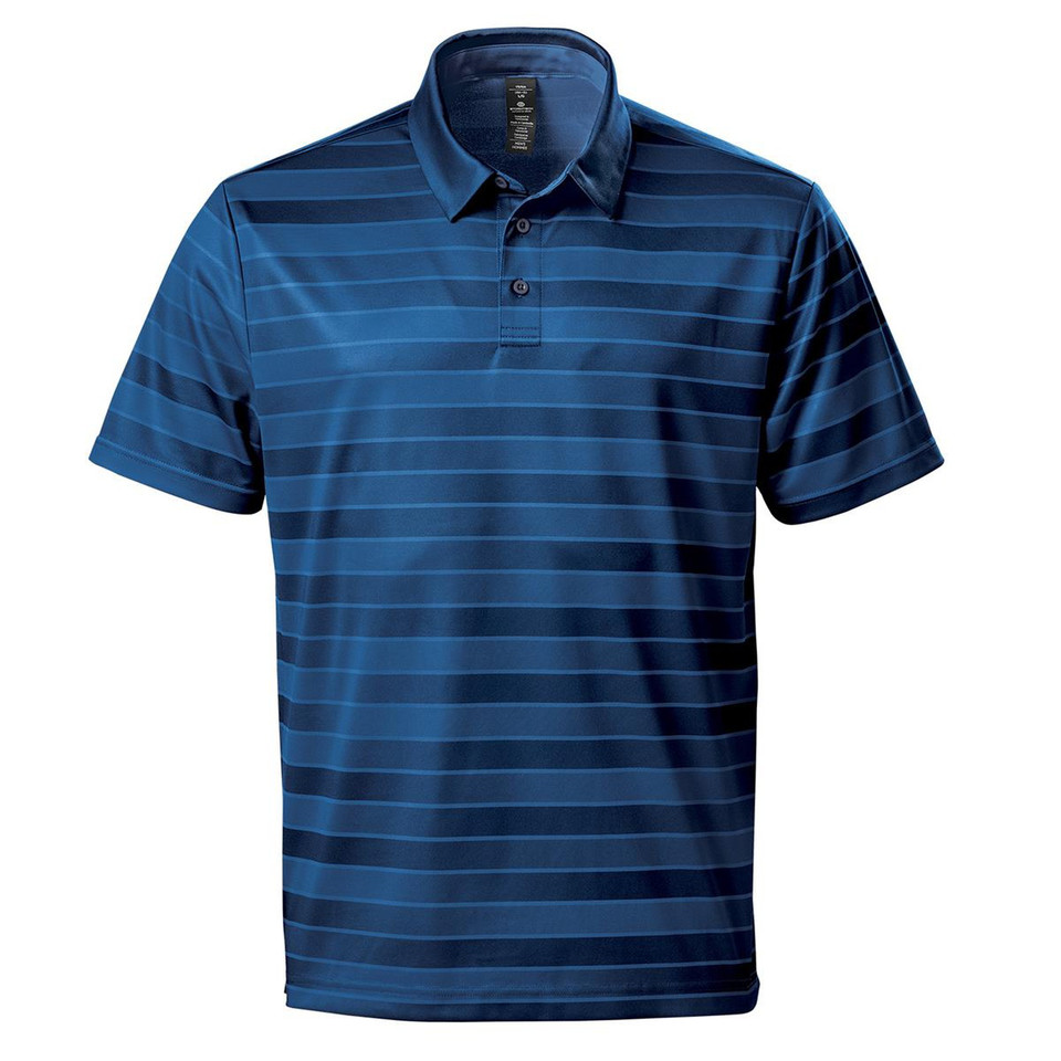 Navy and royal blue striped polo shirt with collar and button placket