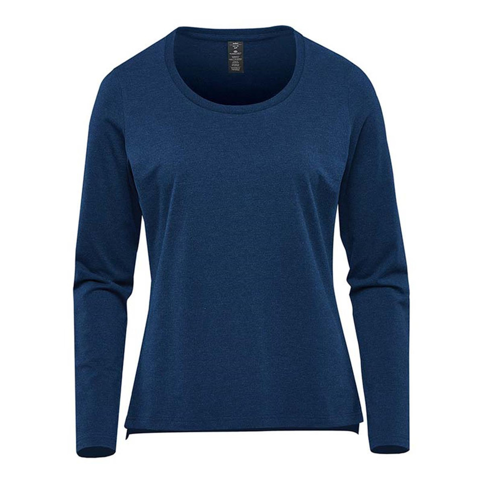 Navy blue women's long sleeve performance tee with scoop neckline and fitted silhouette