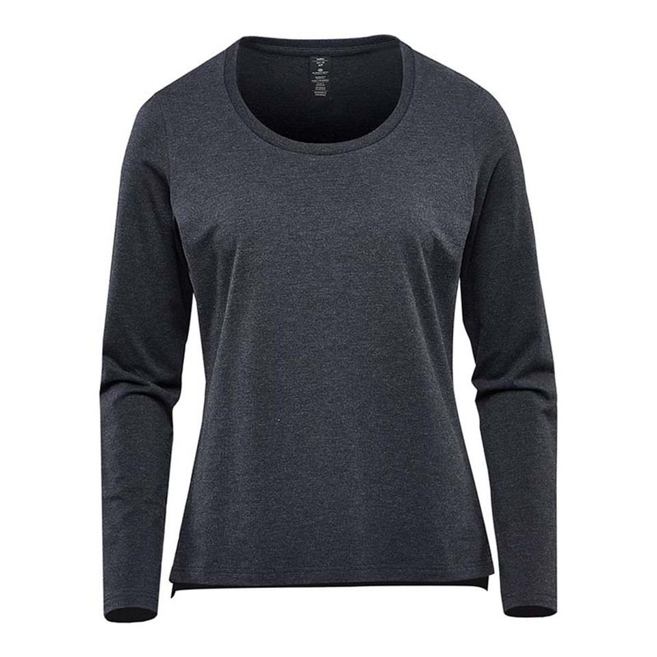 Charcoal marl women's long sleeve performance tee with scoop neckline and smooth flat front panel