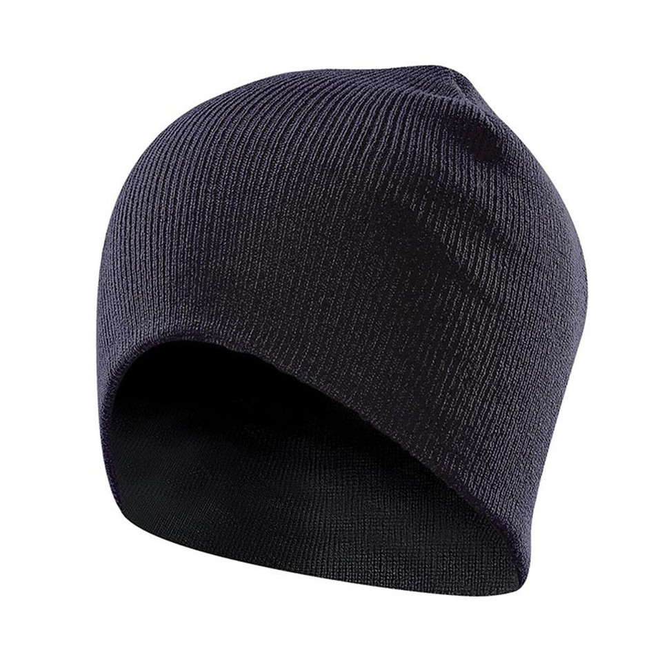 Navy blue ribbed knit beanie with classic stretch-fit construction and clean folded edge