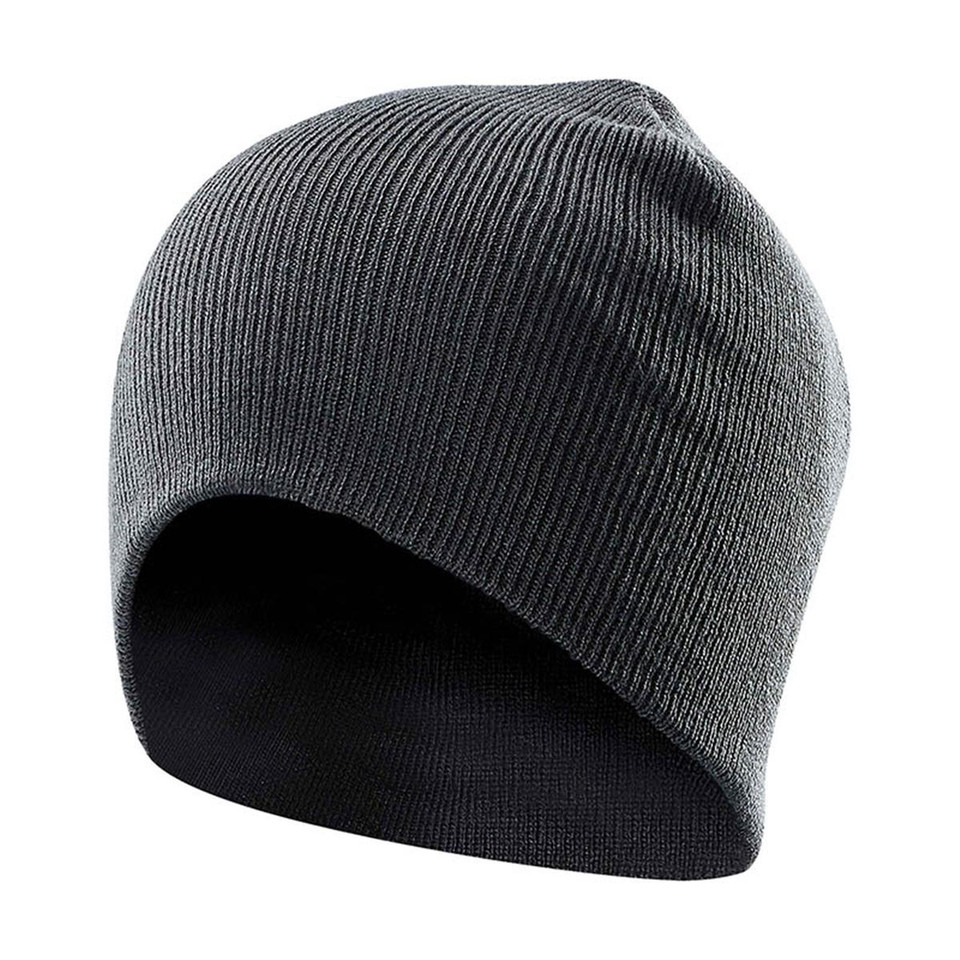 Charcoal grey ribbed knit beanie with black contrast lower band, classic stretch-fit packshot