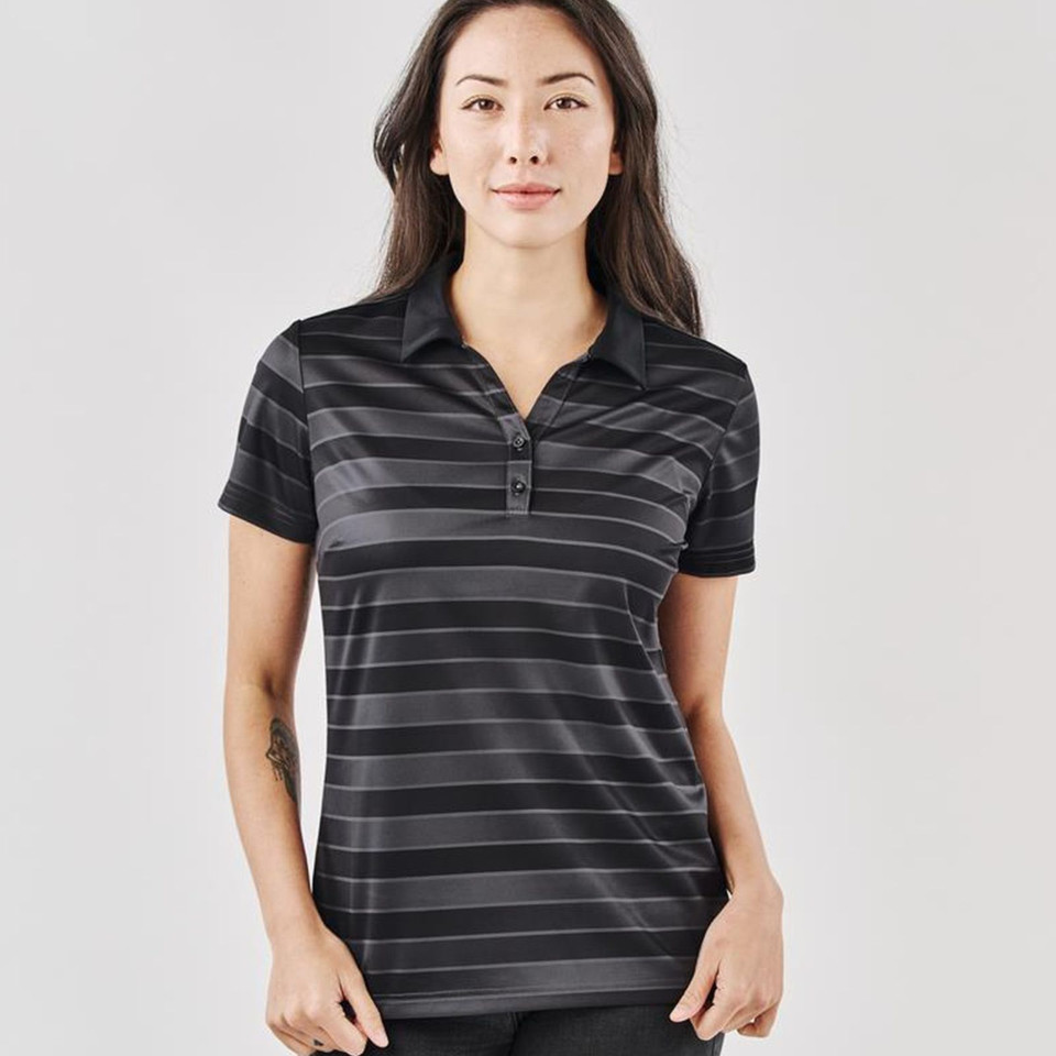 Women's black and charcoal striped polo with spread collar and two-button placket, worn by female model