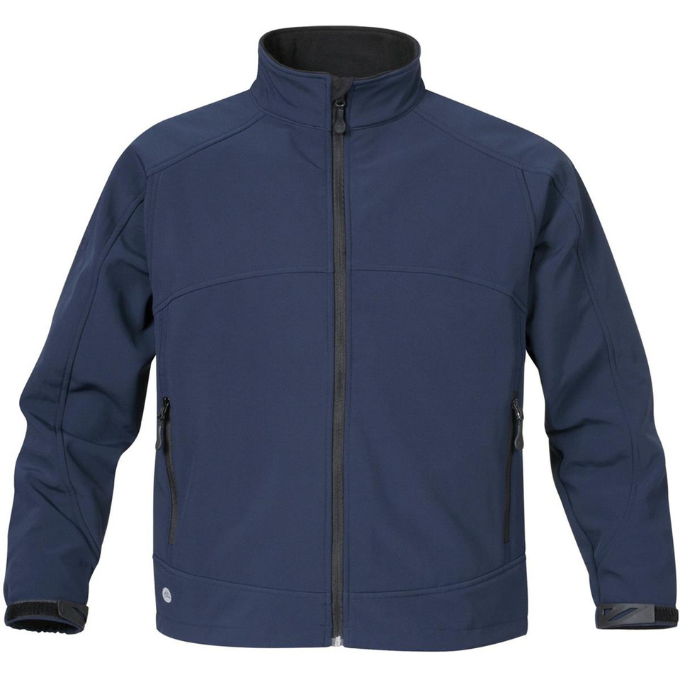 Navy blue men's bonded softshell jacket with stand collar, full-length zip and side zip pockets