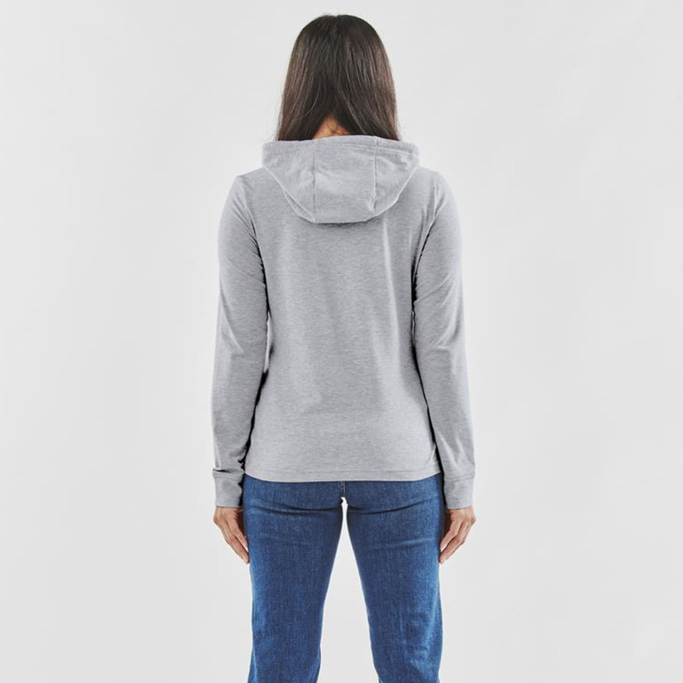 Rear view of woman wearing a light grey marle lightweight hoody with jersey-knit fabric and fitted hood