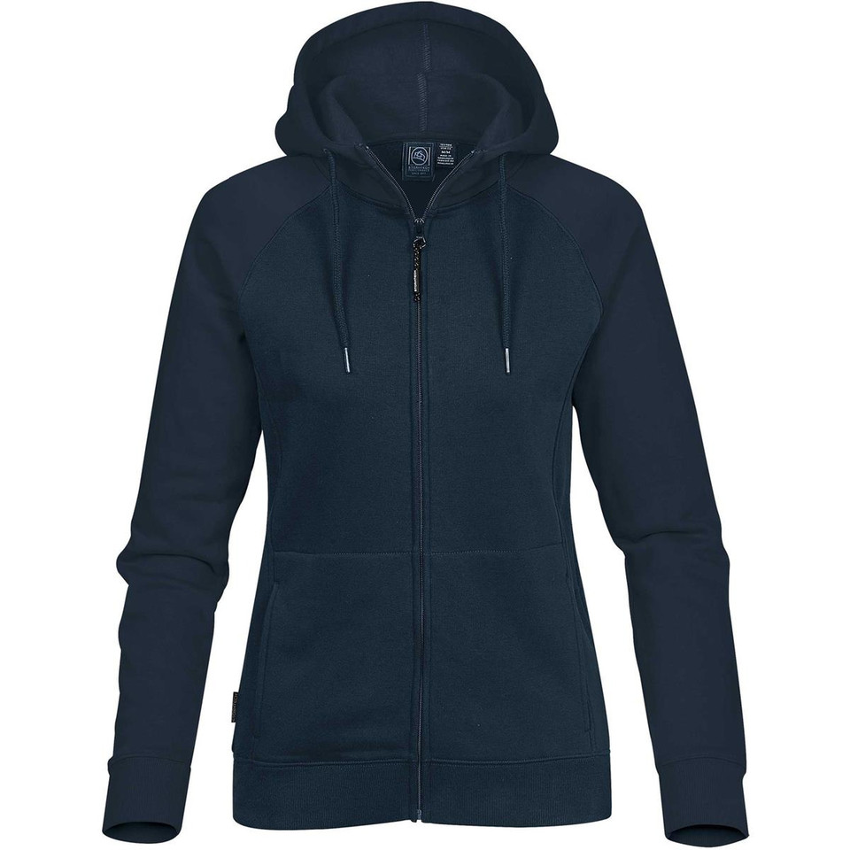 Navy blue women's full-zip fleece hoodie with drawstring hood, kangaroo pockets and ribbed cuffs