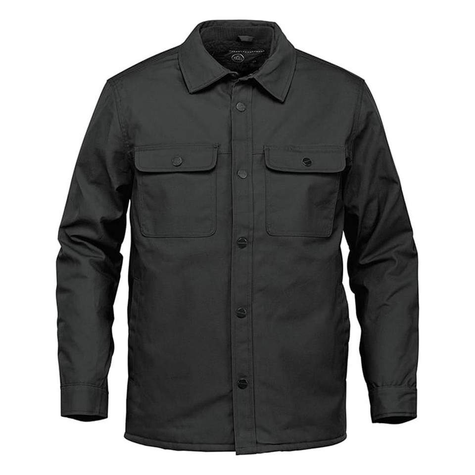 Stormtech charcoal shirt-style jacket with snap-button placket, dual chest flap pockets, and structured collar