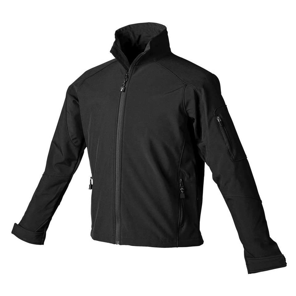 Black women's softshell jacket with stand collar, full-zip front, zippered side and sleeve pockets
