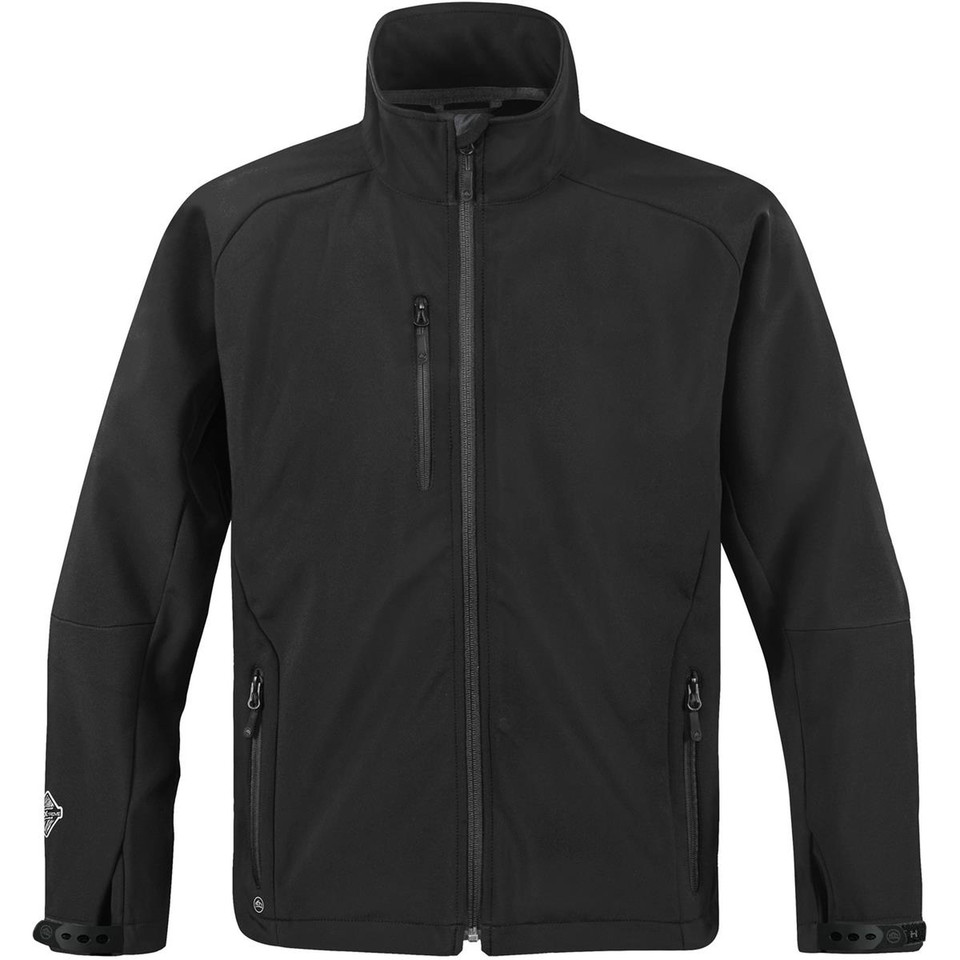 Stormtech black softshell jacket with stand collar, full-length zip, chest and hip zip pockets