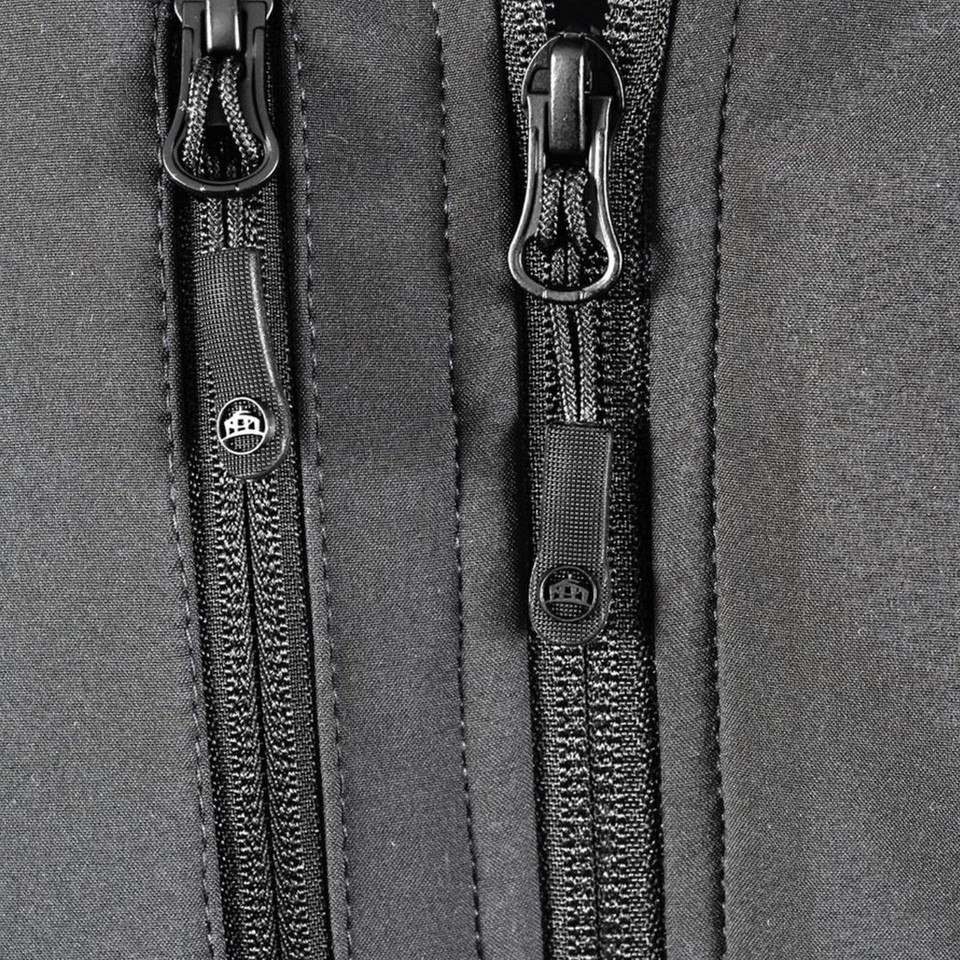 Close-up of dual black branded zippers on a charcoal grey waterproof shell jacket