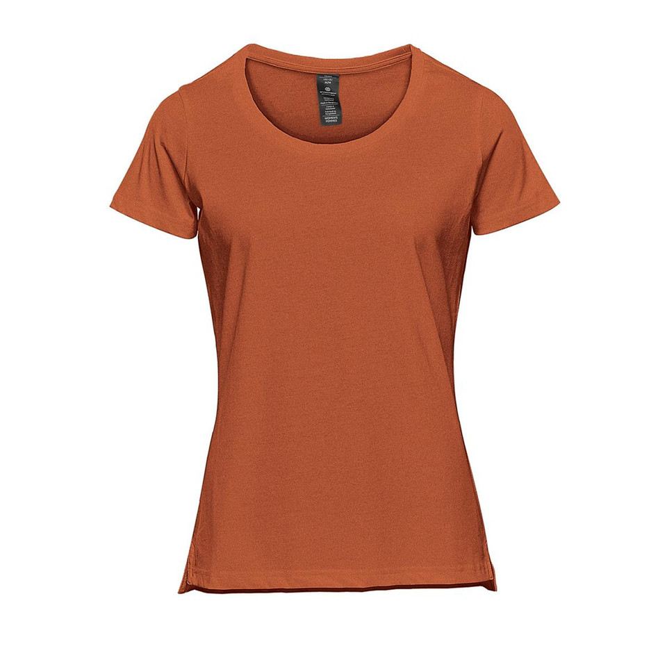 Women's burnt orange scoop neck tee with short sleeves and smooth front panel on ghost form