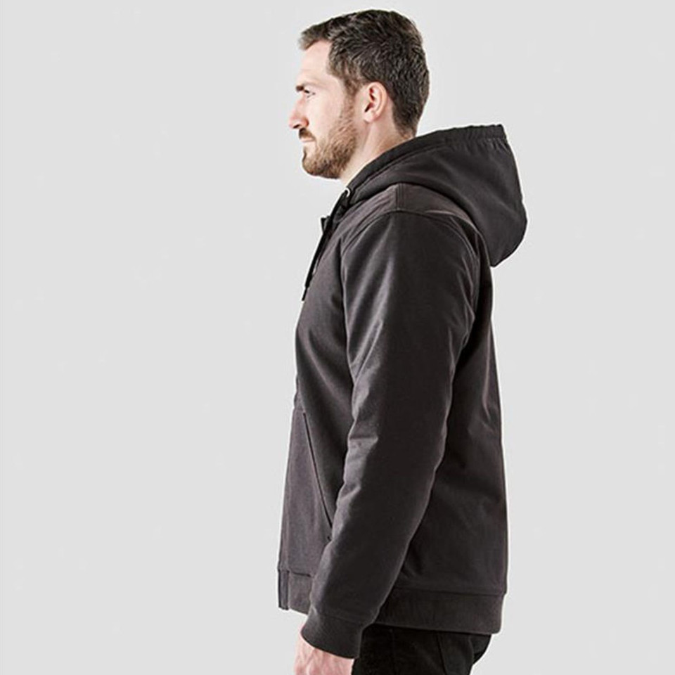 Man wearing black cotton canvas zip hoody with sherpa-lined hood and tonal shoulder panel, side profile view