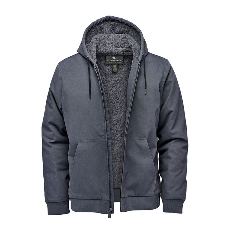 Slate blue cotton canvas hooded jacket with sherpa fleece lining, zip front, ribbed cuffs and hem, flat lay