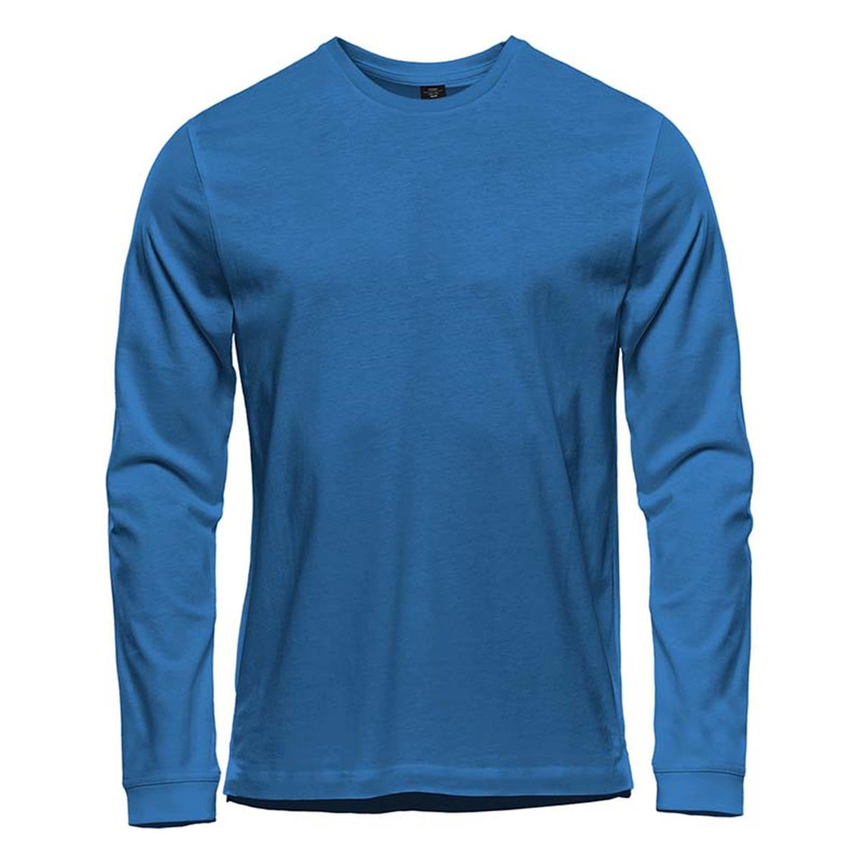 Cerulean blue men's long sleeve crew neck tee with ribbed cuffs and smooth front panel