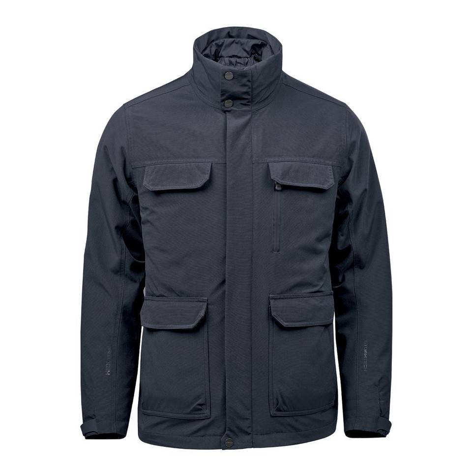 Midnight navy men's 3-in-1 system jacket with stand collar, zip placket, and four flap pockets